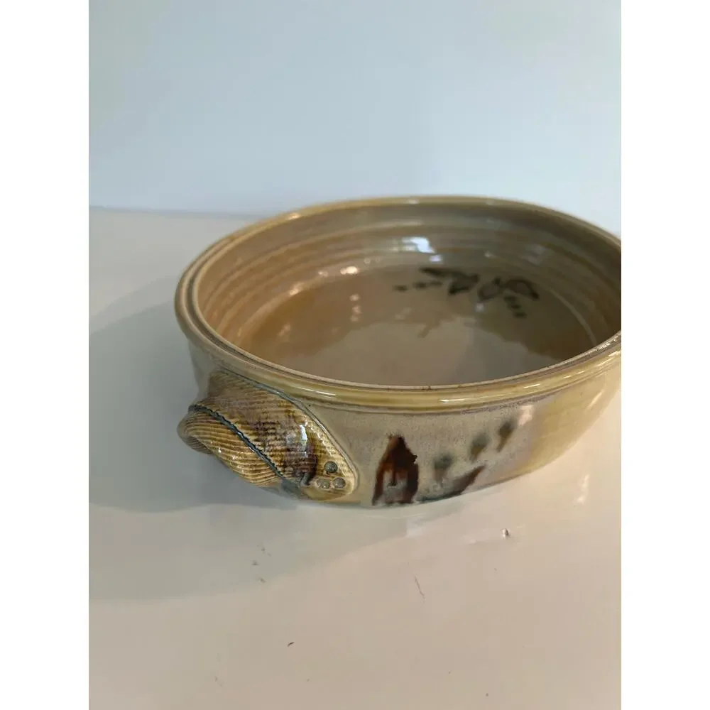 Beautiful Glazed Pottery Two Handle Serving Dish One of a Kind Vintage JL
